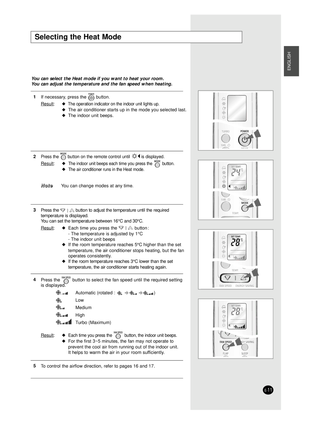 Samsung AQT24W6WE/XSG manual Selecting the Heat Mode 