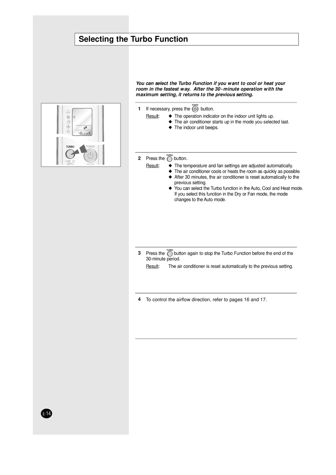 Samsung AQT24W6WE/XSG manual Selecting the Turbo Function 