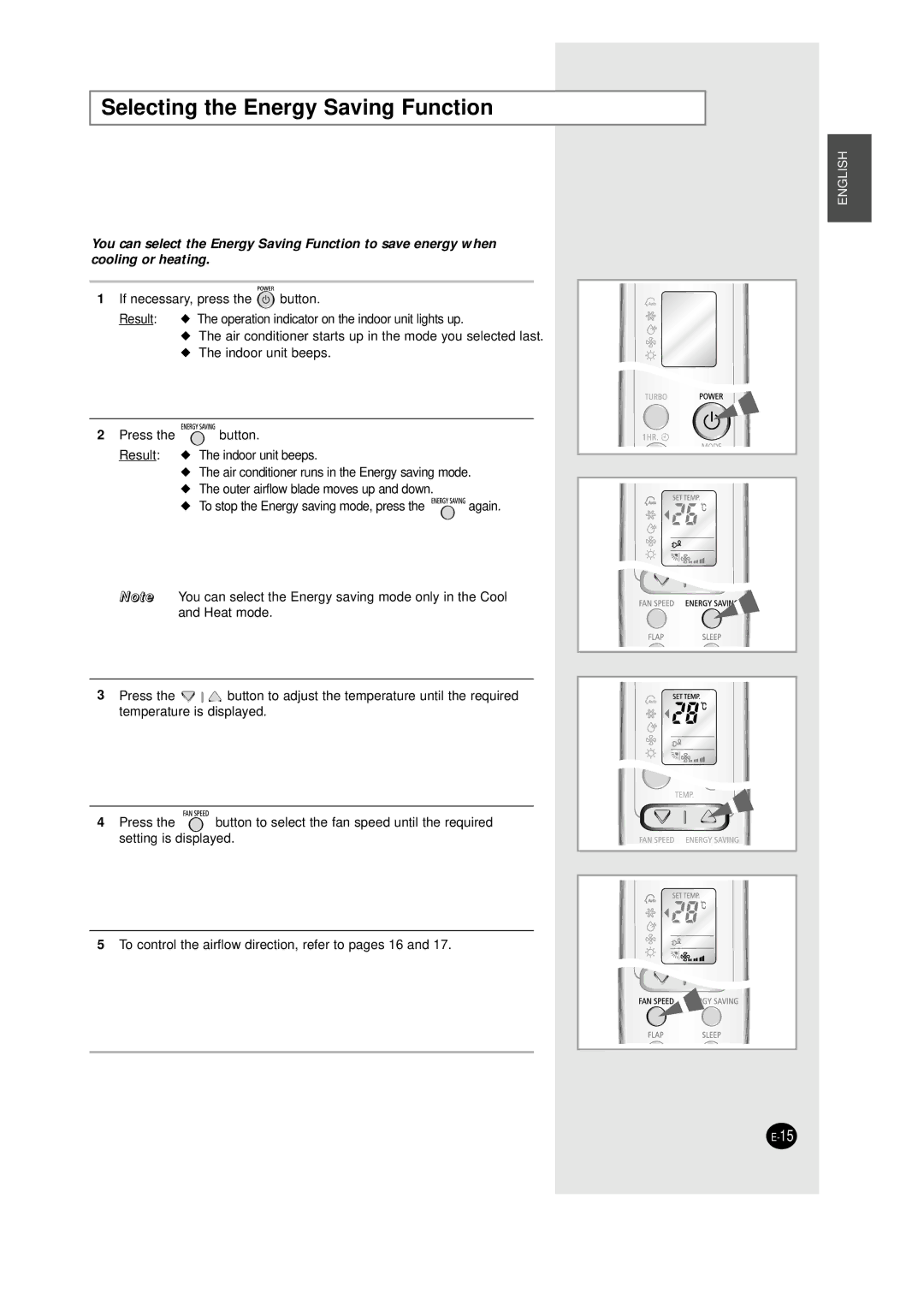 Samsung AQT24W6WE/XSG manual Selecting the Energy Saving Function 