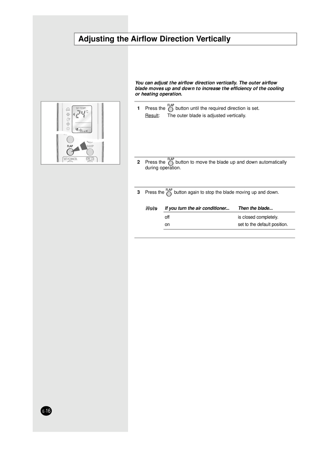 Samsung AQT24W6WE/XSG manual Adjusting the Airflow Direction Vertically 