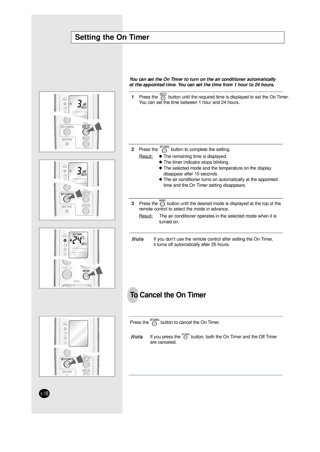 Samsung AQT24W6WE/XSG manual Setting the On Timer, To Cancel the On Timer 