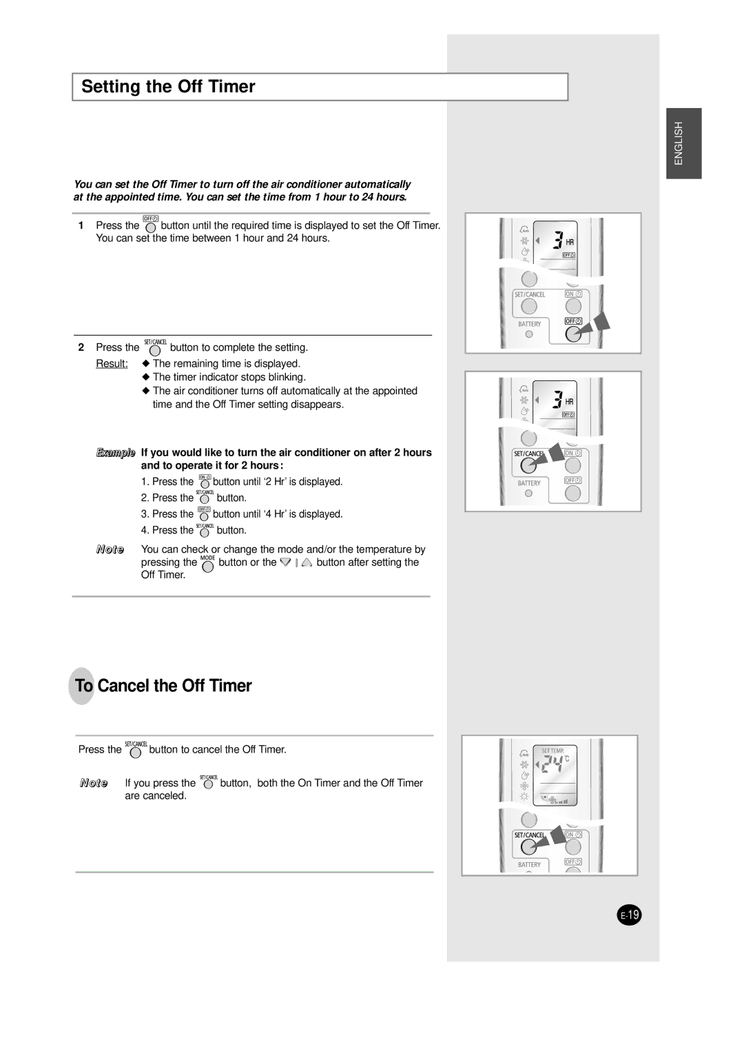 Samsung AQT24W6WE/XSG manual Setting the Off Timer, To Cancel the Off Timer 