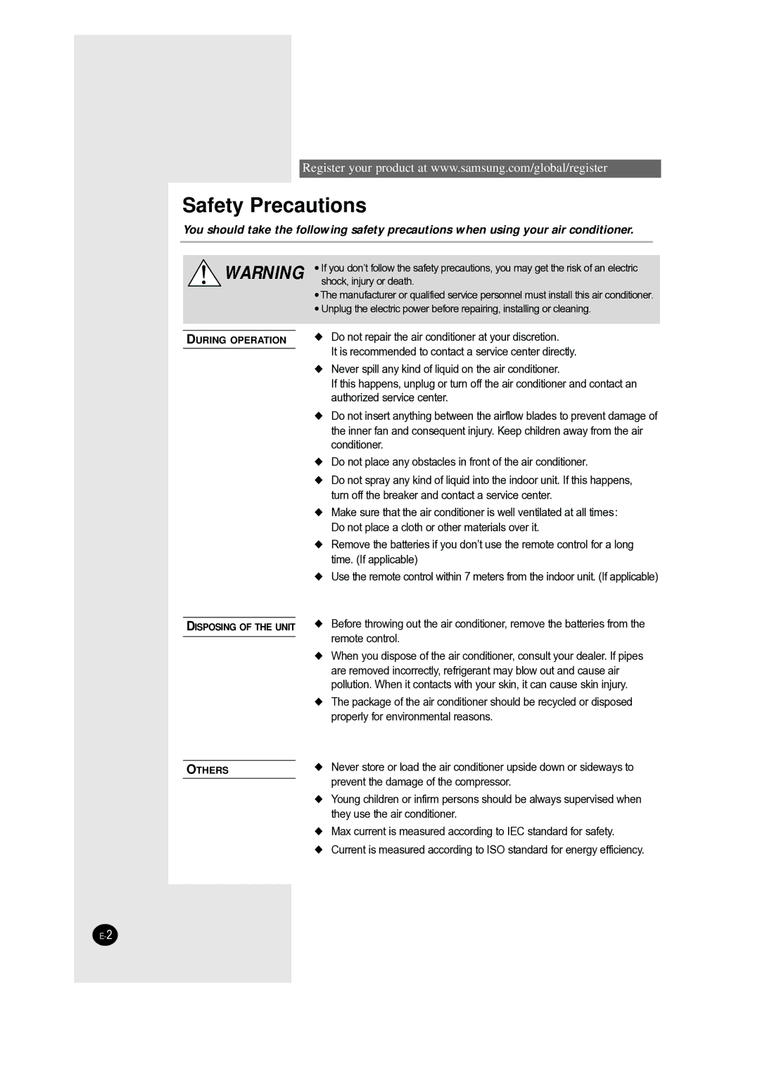 Samsung AQT24W6WE/XSG manual Safety Precautions 