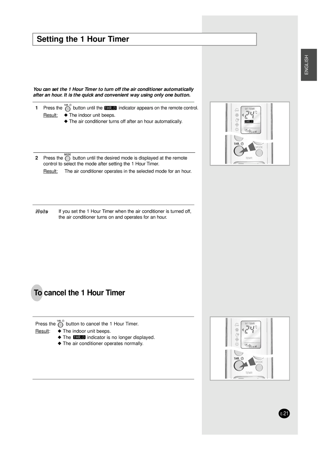 Samsung AQT24W6WE/XSG manual Setting the 1 Hour Timer, To cancel the 1 Hour Timer 