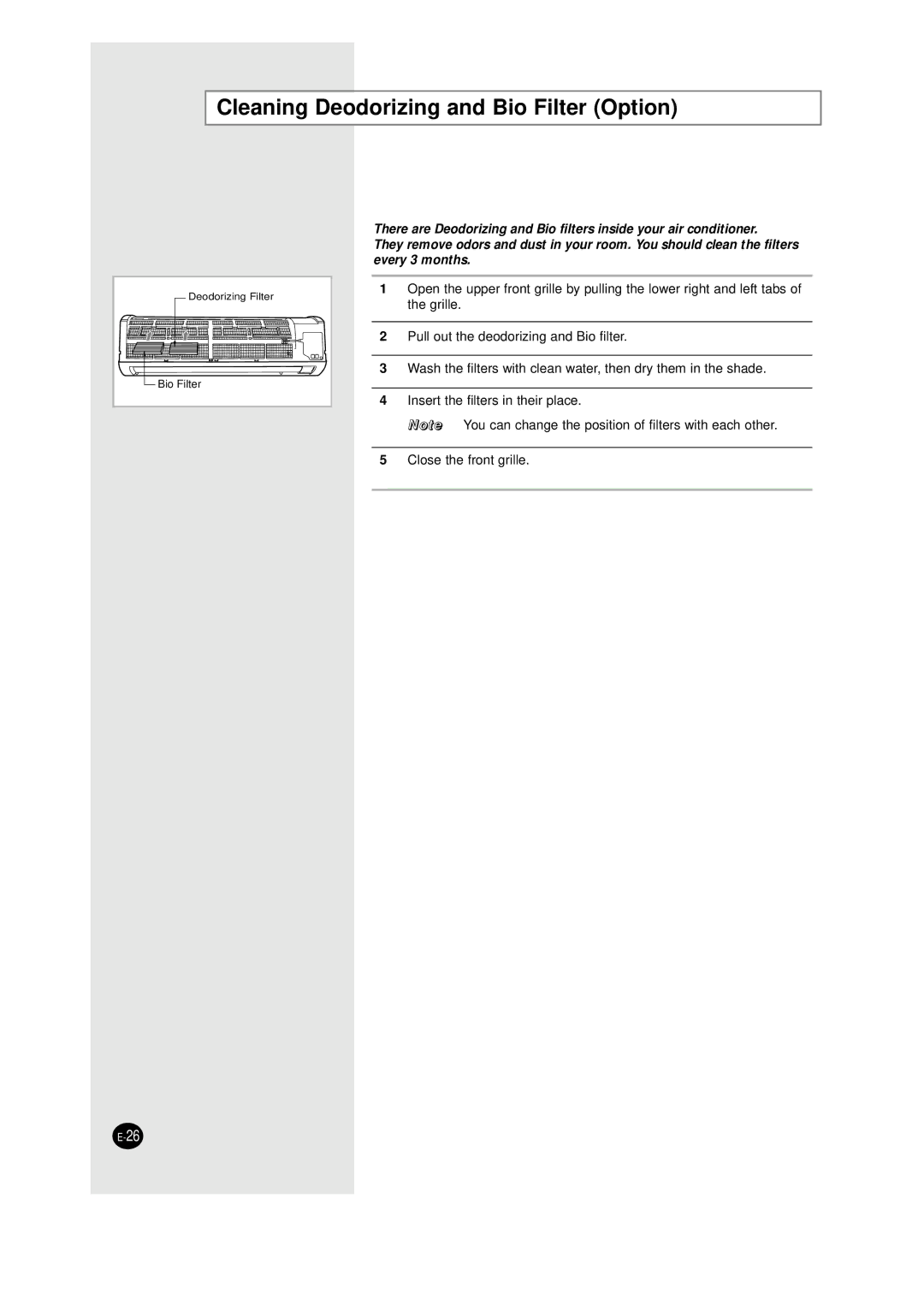 Samsung AQT24W6WE/XSG manual Cleaning Deodorizing and Bio Filter Option 