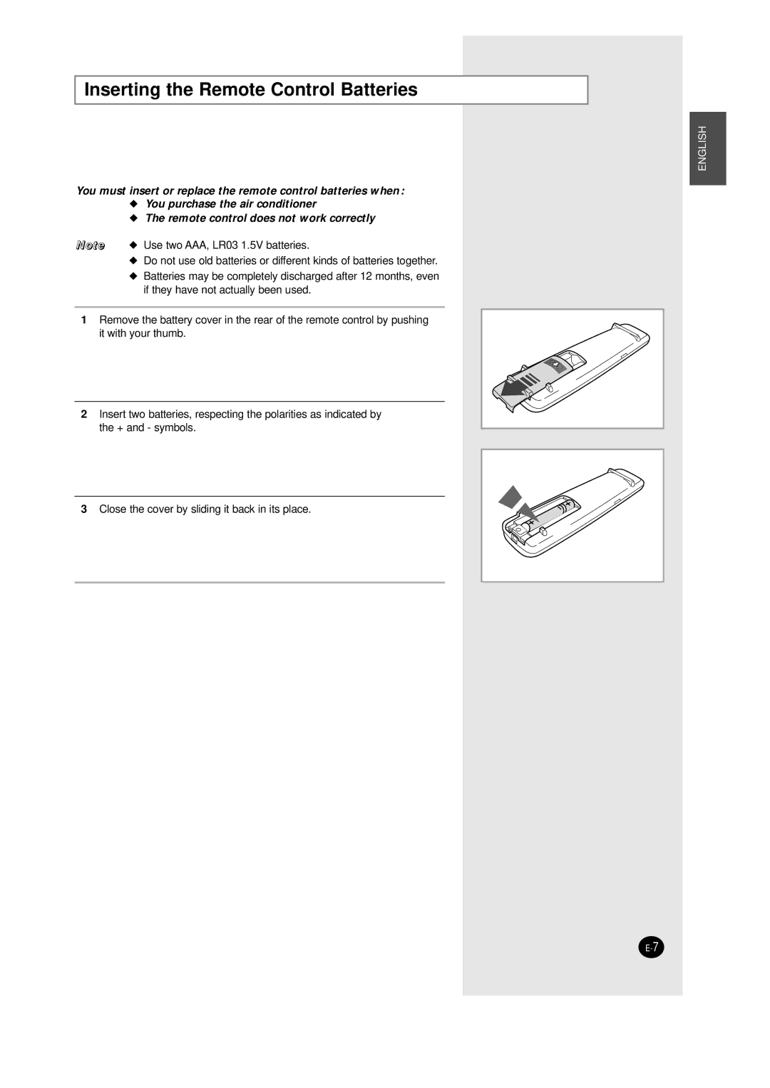 Samsung AQT24W6WE/XSG manual Inserting the Remote Control Batteries 