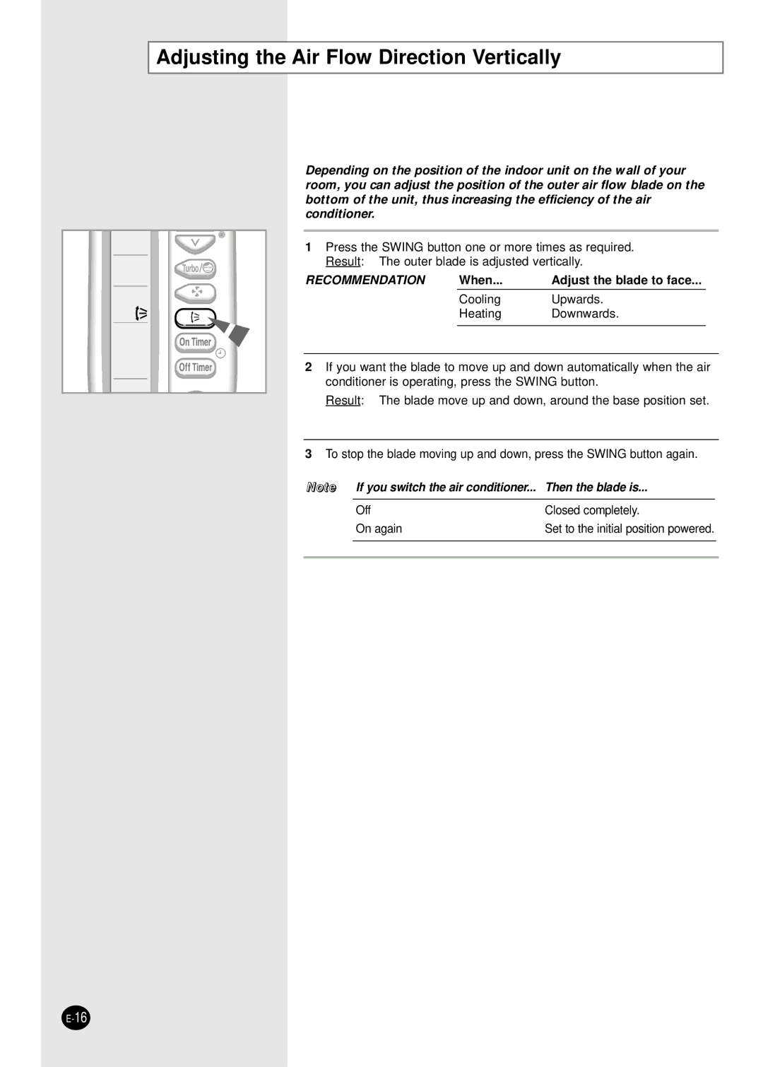 Samsung AQ30BANUMG, AQT30C2BB-UMG, AQ30BAXUMG Adjusting the Air Flow Direction Vertically, When Adjust the blade to face 