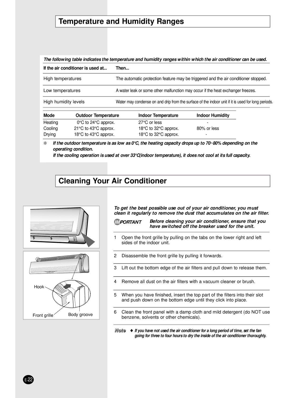 Samsung AQ30BAXUMG Temperature and Humidity Ranges, Cleaning Your Air Conditioner, If the air conditioner is used at Then 