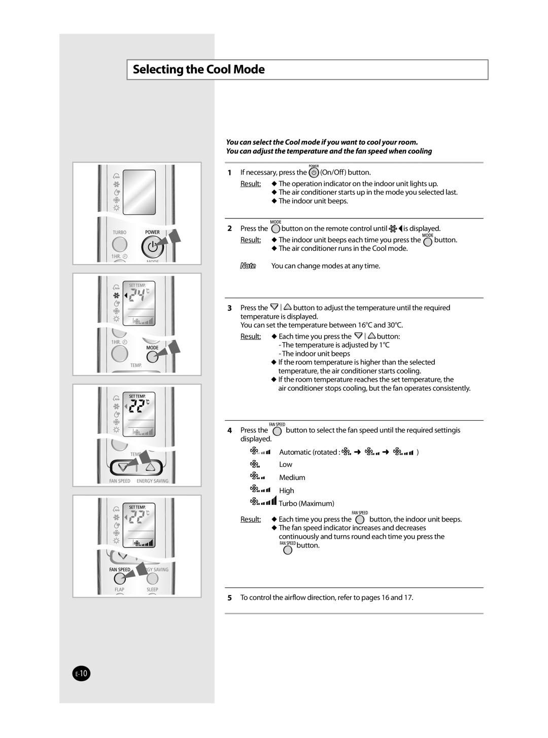 Samsung AQT36WRWB/UMG manual Selecting the Cool Mode 