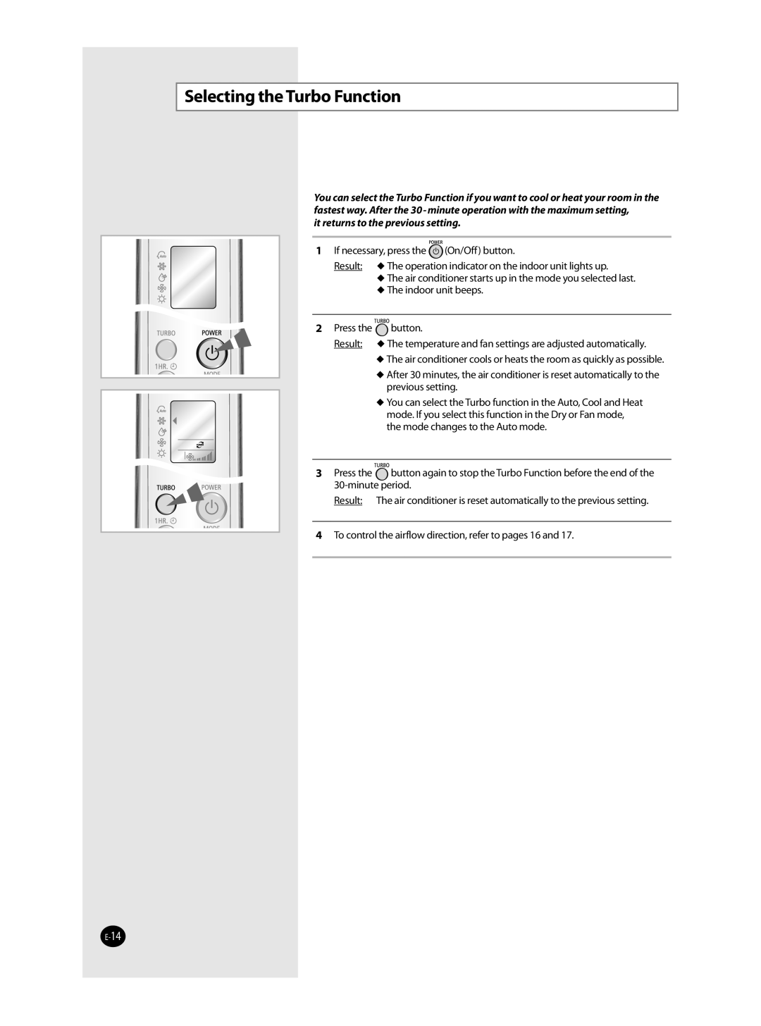 Samsung AQT36WRWB/UMG manual Selecting the Turbo Function, It returns to the previous setting 