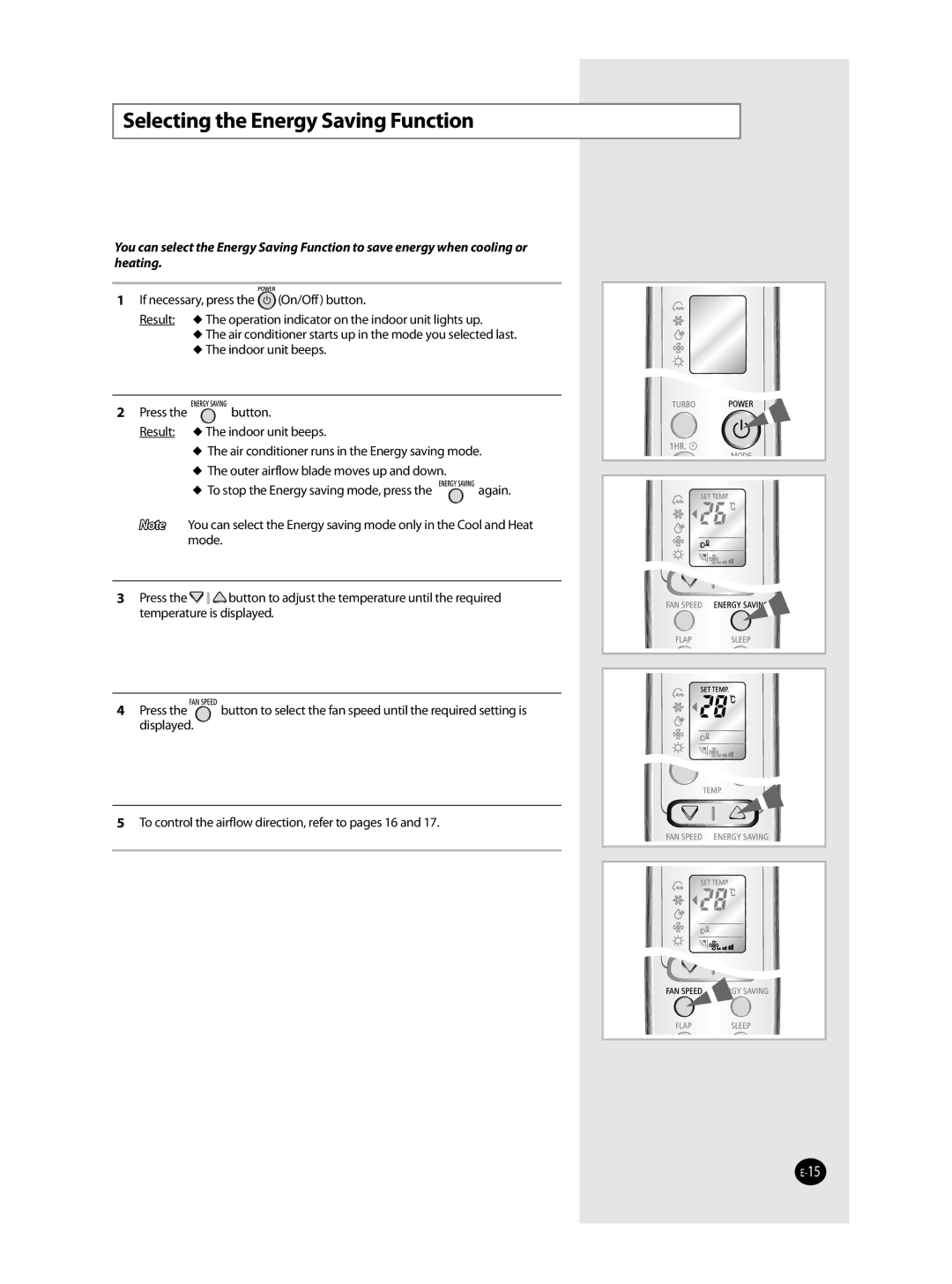 Samsung AQT36WRWB/UMG manual Selecting the Energy Saving Function 