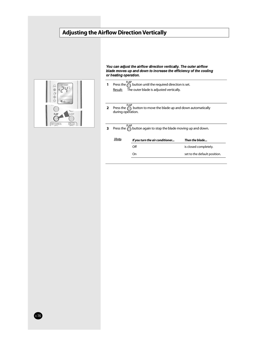 Samsung AQT36WRWB/UMG manual Adjusting the Airflow Direction Vertically 