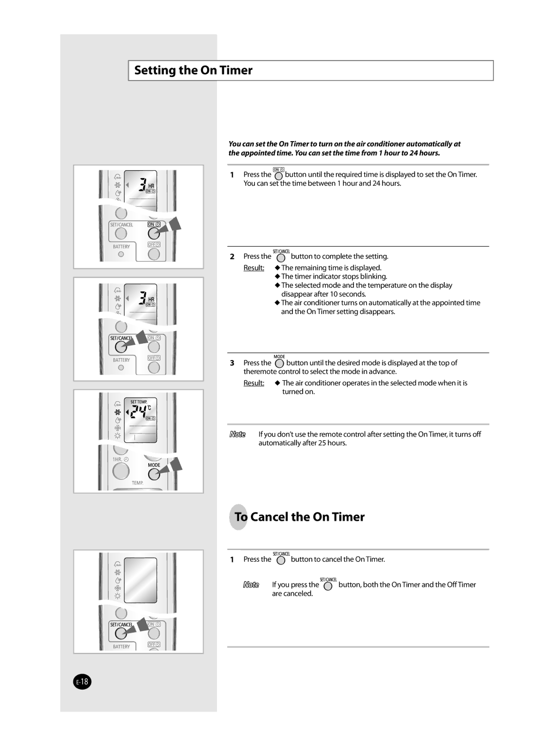 Samsung AQT36WRWB/UMG manual Setting the On Timer, To Cancel the On Timer 