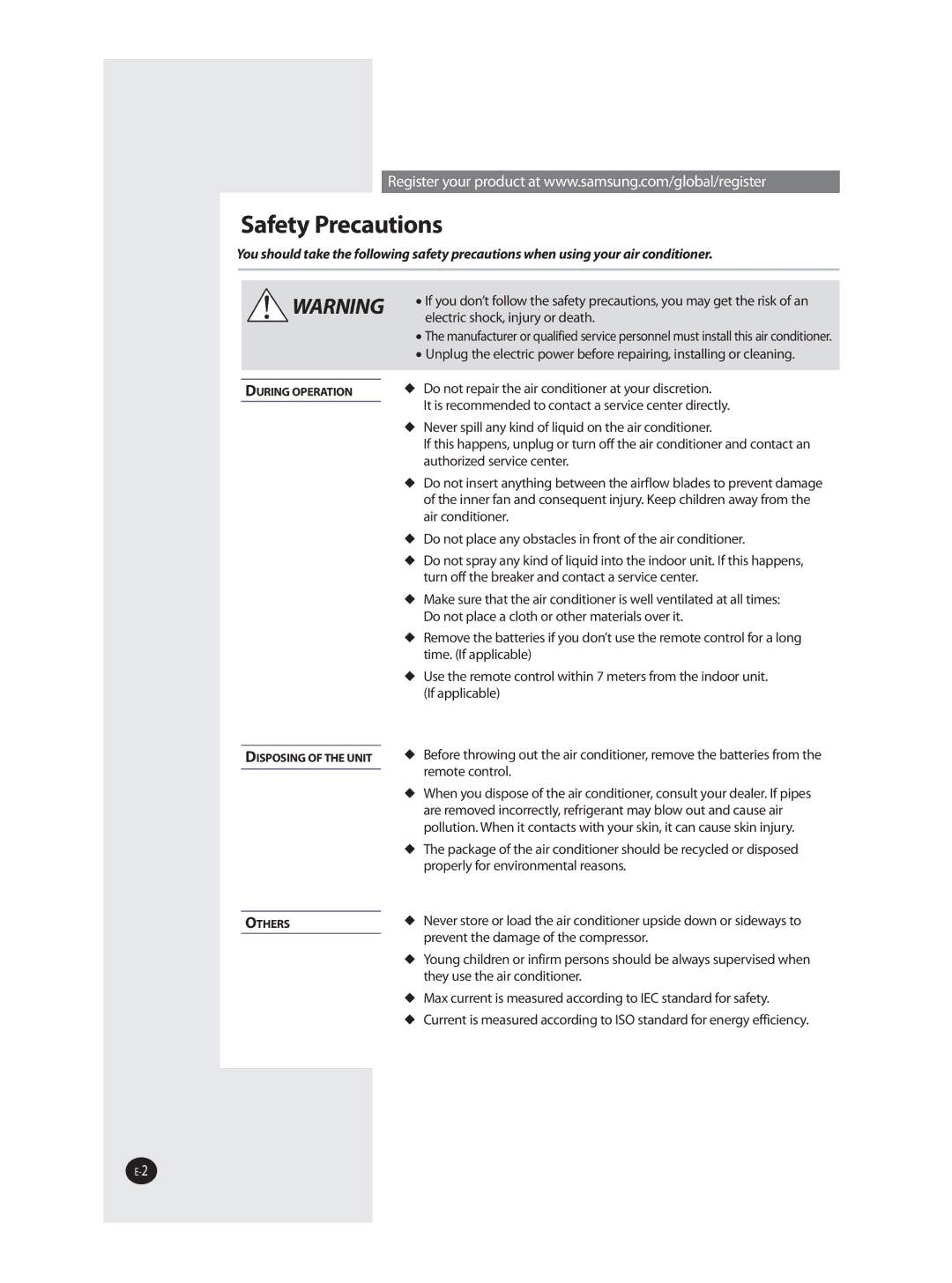 Samsung AQT36WRWB/UMG manual Safety Precautions 