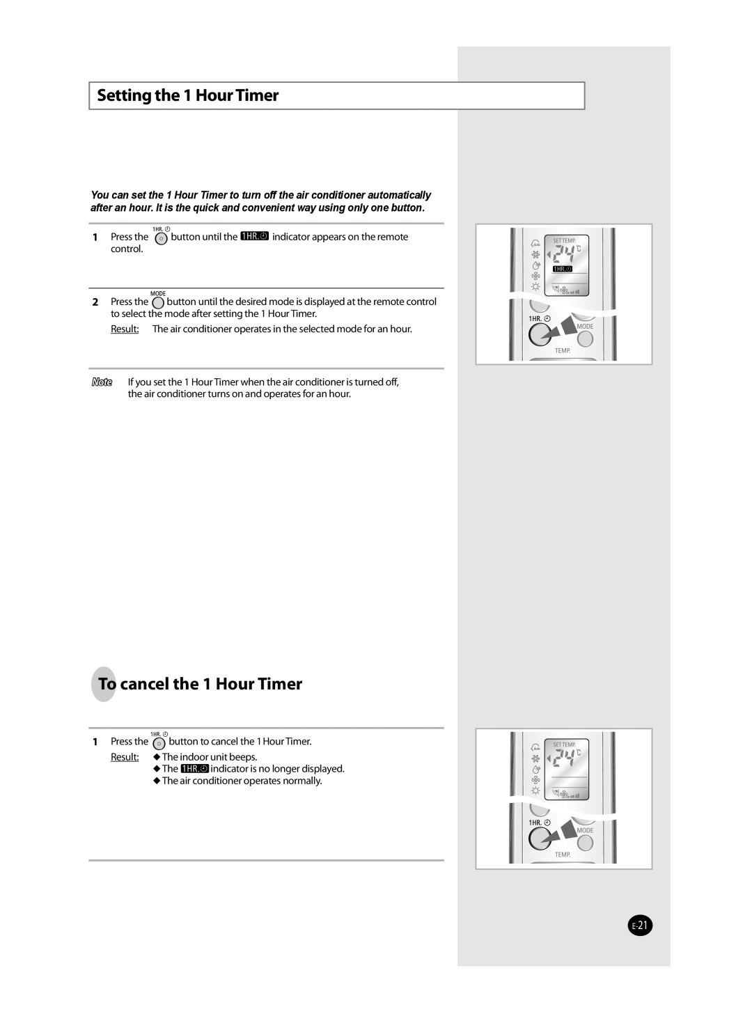 Samsung AQT36WRWB/UMG manual Setting the 1 Hour Timer, To cancel the 1 Hour Timer 