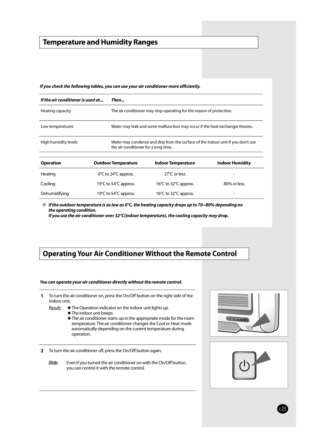 Samsung AQT36WRWB/UMG manual Temperature and Humidity Ranges, Operating Your Air Conditioner Without the Remote Control 