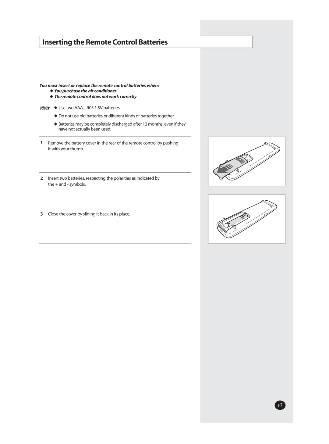 Samsung AQT36WRWB/UMG manual Inserting the Remote Control Batteries 