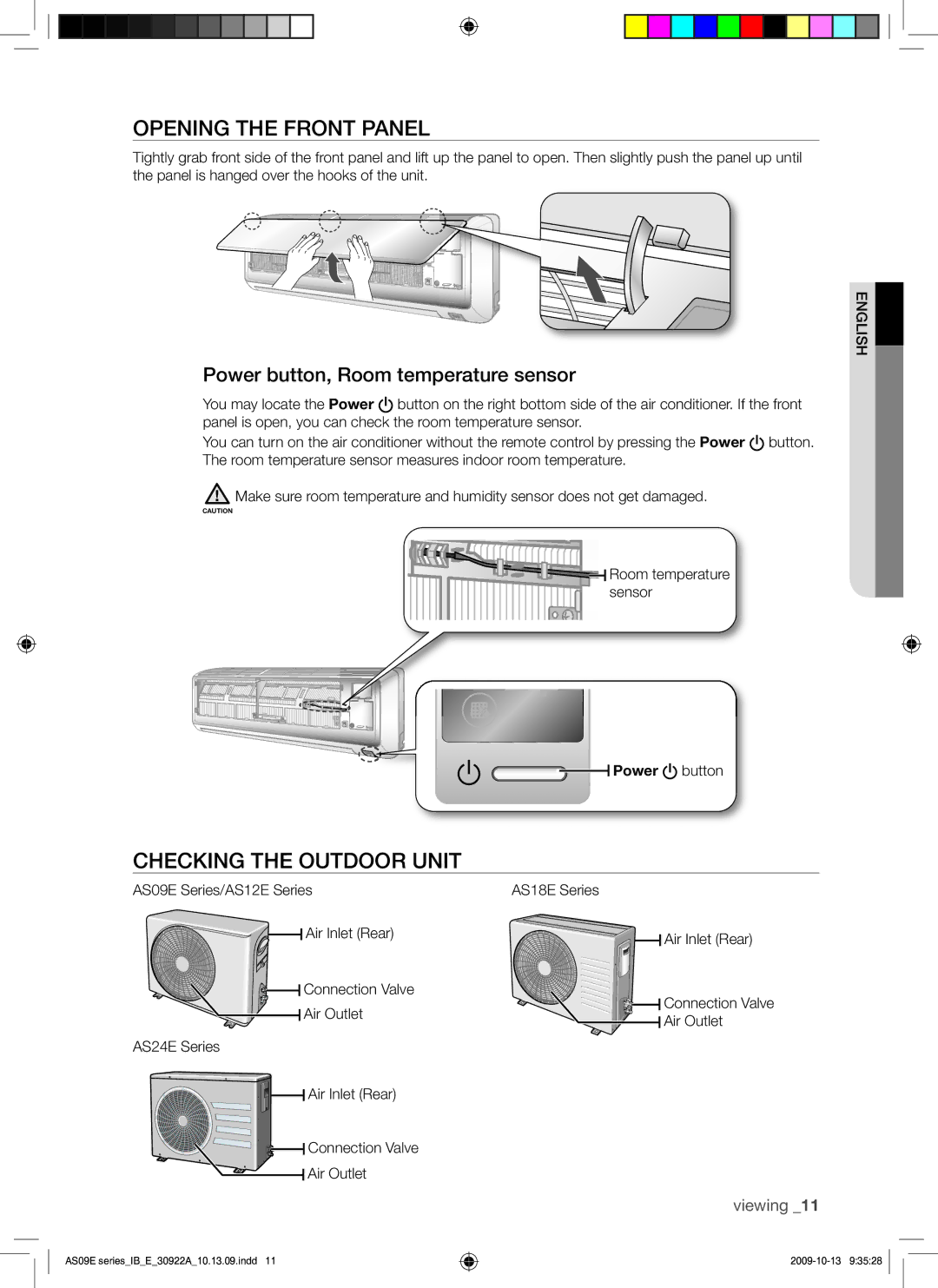 Samsung AQV09ABAX manual Opening the Front Panel, Checking the Outdoor Unit, Power button, Room temperature sensor 