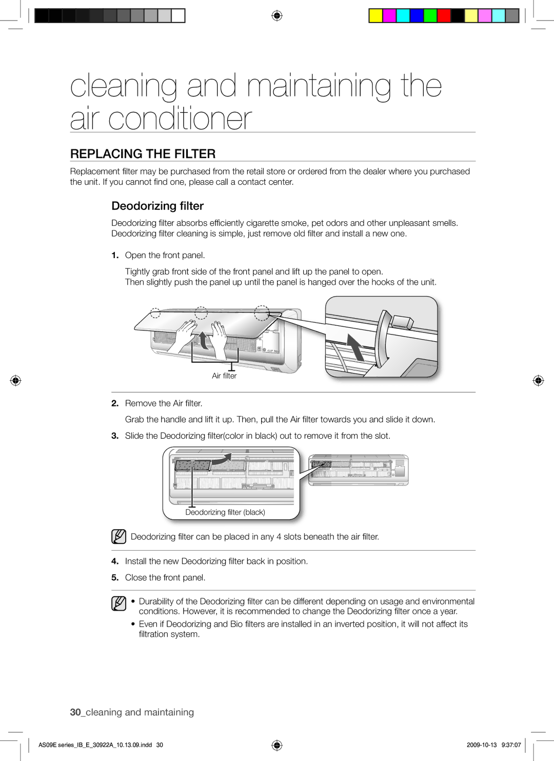 Samsung AQV09ABAX manual Replacing the Filter, Deodorizing filter 