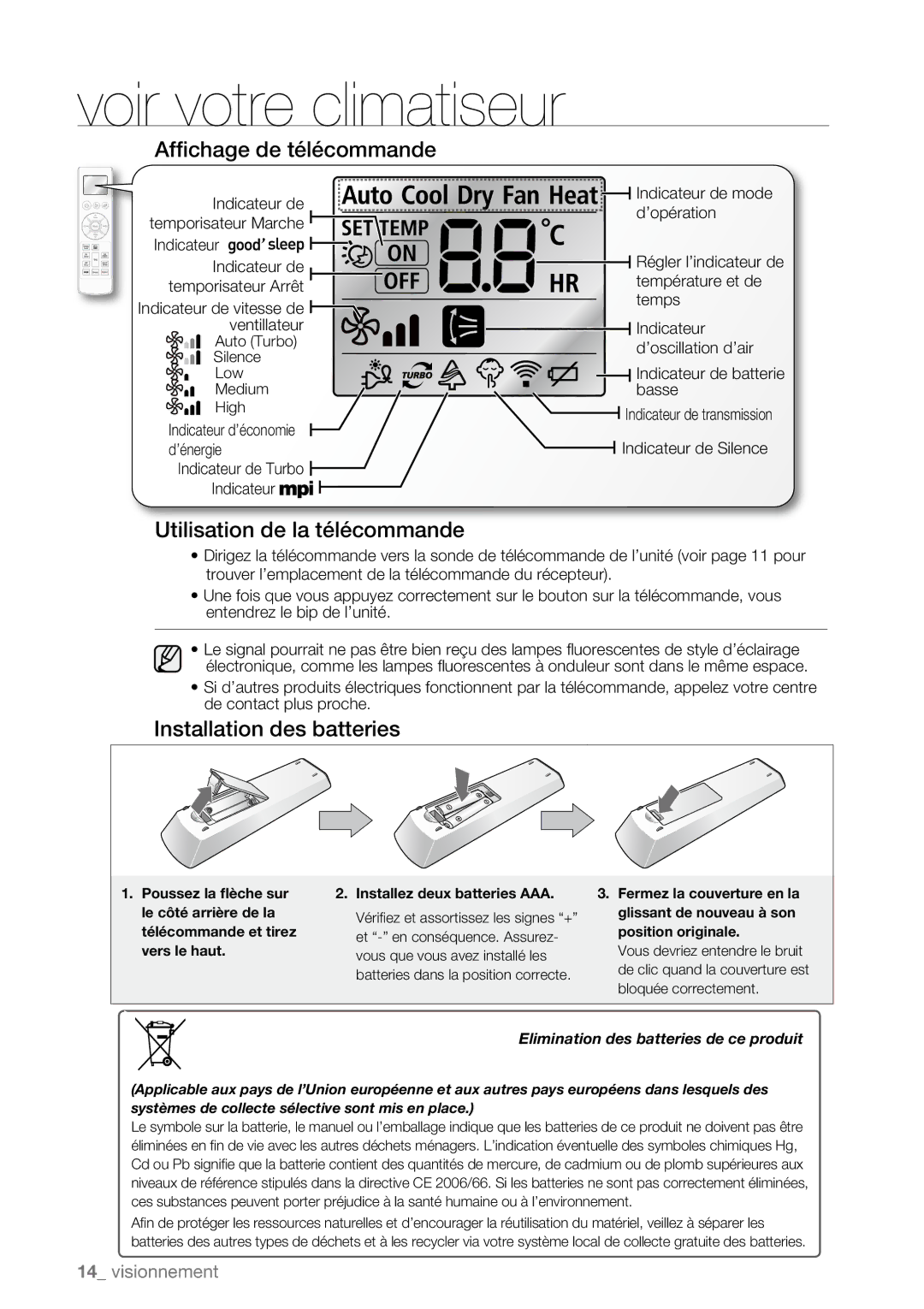 Samsung AQV12AWBN, AQV09AWBN, AQV09ABAX Voir votre climatiseur, Affichage de télécommande, Utilisation de la télécommande 