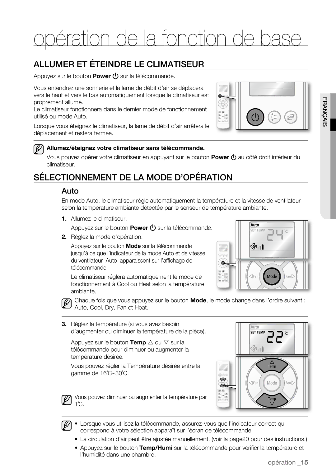 Samsung AQV12EWAN, AQV09AWBN, AQV09ABAX Allumer ET Éteindre LE Climatiseur, Sélectionnement DE LA Mode D’OPÉRATION, Auto 