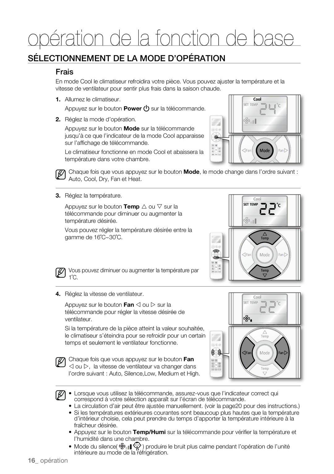 Samsung AQV12ABBN, AQV09AWBN, AQV09ABAX, AQV09ABBX, AQV12AWBN, AQV12EWAN, AQV18UGAN Opération de la fonction de base, Frais 