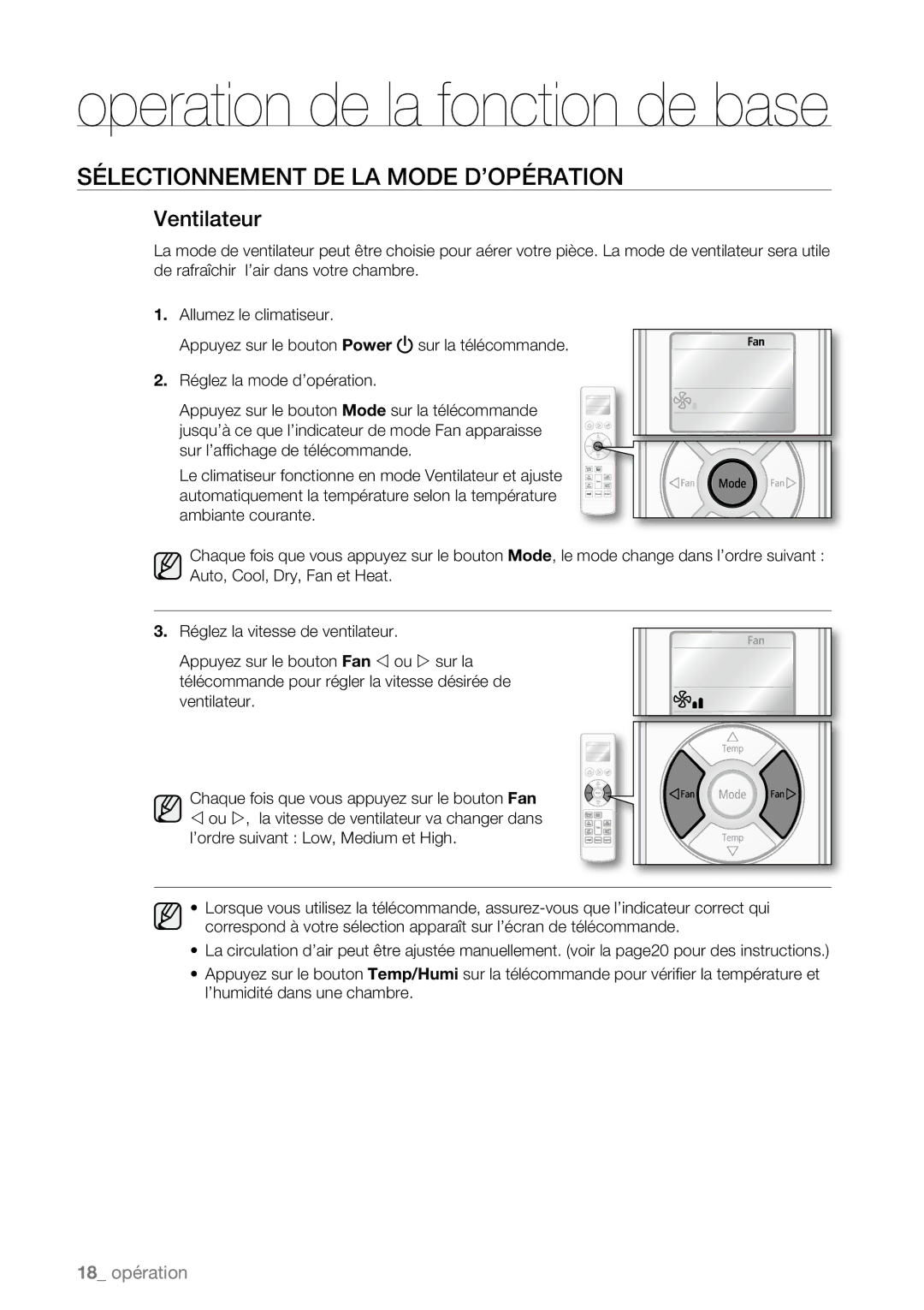 Samsung AQV12ABBX, AQV09AWBN, AQV09ABAX, AQV09ABBX, AQV12AWBN, AQV12EWAN manual Operation de la fonction de base, Ventilateur 