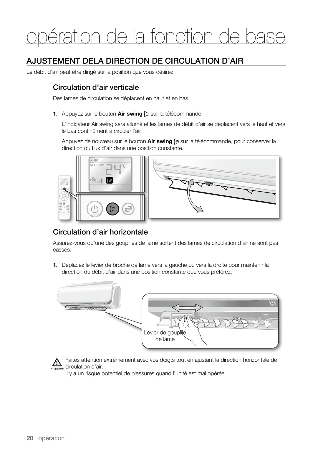 Samsung AQV09AWBX, AQV09AWBN, AQV09ABAX manual Ajustement Dela Direction DE Circulation D’AIR, Circulation d’air verticale 