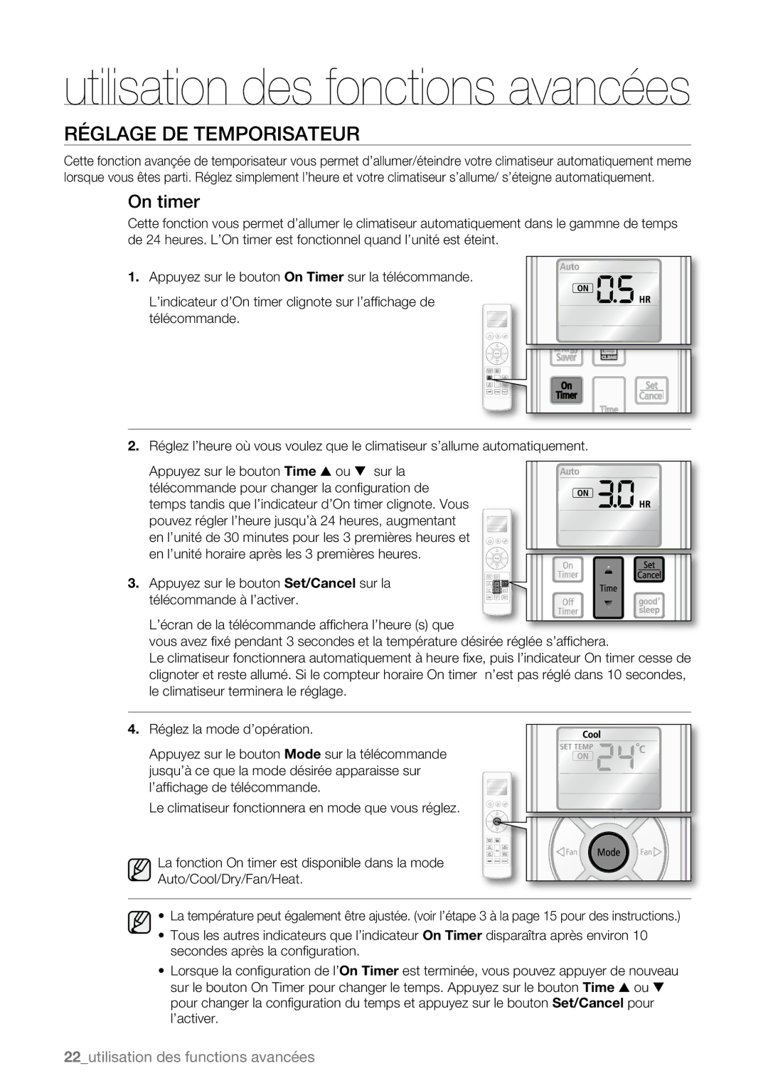 Samsung AQV09AWBN, AQV09ABAX, AQV09ABBX, AQV12AWBN, AQV12EWAN, AQV12ABBN manual Utilisation des fonctions avancées, On timer 