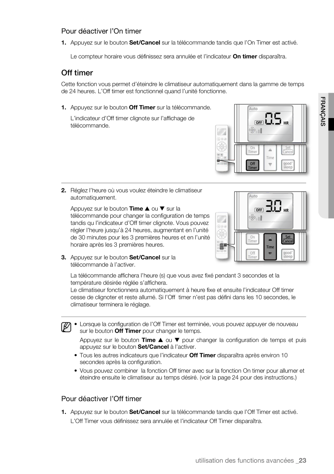 Samsung AQV09ABAX, AQV09AWBN, AQV09ABBX, AQV12AWBN, AQV12EWAN manual Pour déactiver l’On timer, Pour déactiver l’Off timer 