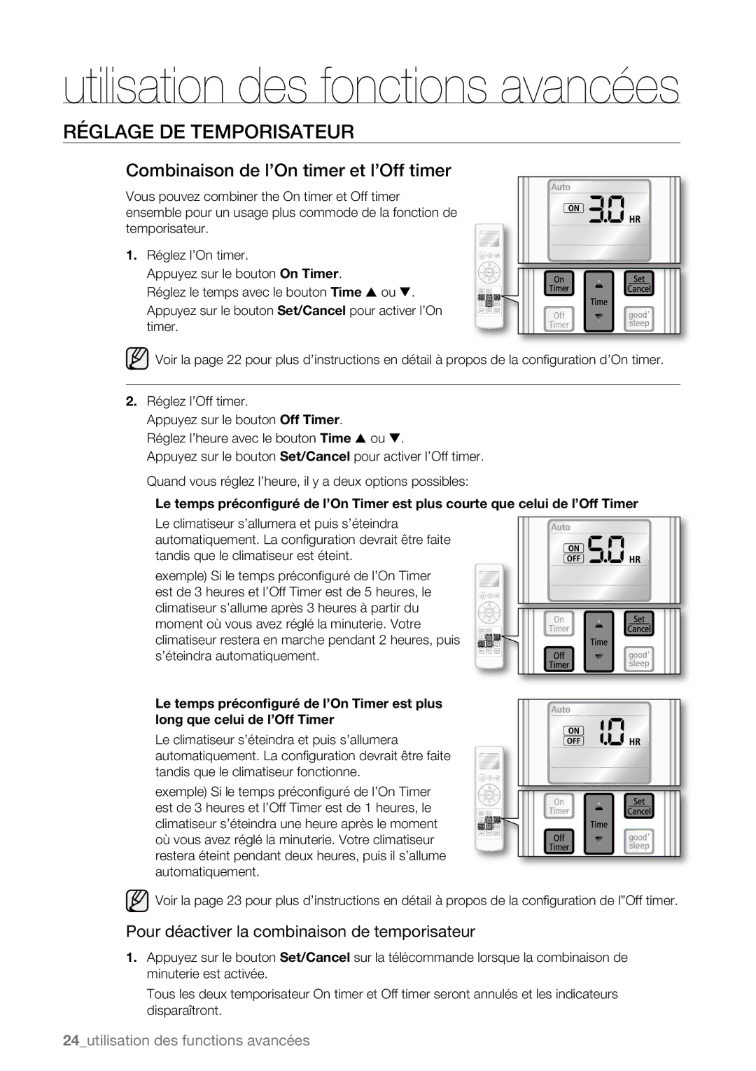 Samsung AQV09ABBX, AQV09AWBN manual Combinaison de l’On timer et l’Off timer, Pour déactiver la combinaison de temporisateur 