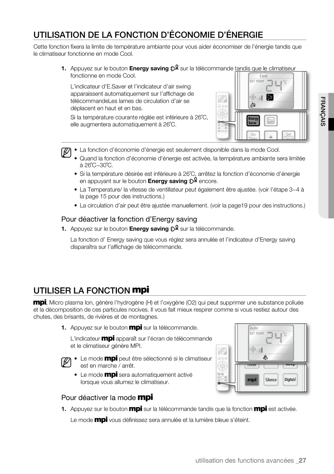 Samsung AQV12ABBN Utiliser LA Fonction, Pour déactiver la fonction d’Energy saving, Elle augmentera automatiquement à 26˚C 