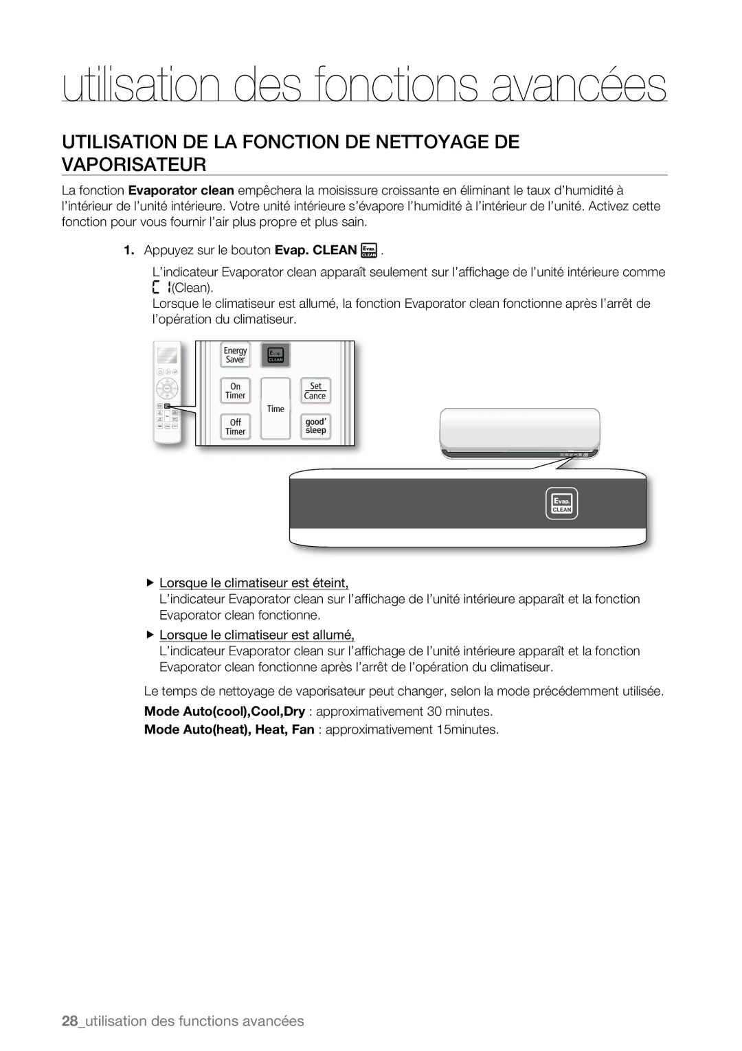 Samsung AQV18UGAN, AQV09AWBN, AQV09ABAX, AQV09ABBX, AQV12AWBN manual Utilisation DE LA Fonction DE Nettoyage DE Vaporisateur 