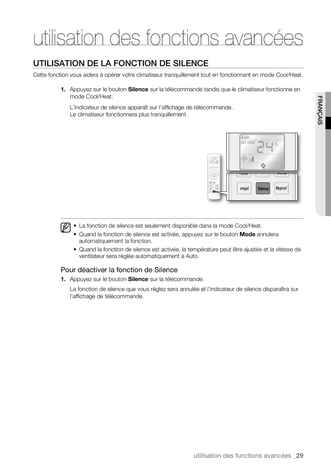 Samsung AQV12ABBX, AQV09AWBN, AQV09ABAX manual Utilisation DE LA Fonction DE Silence, Pour déactiver la fonction de Silence 