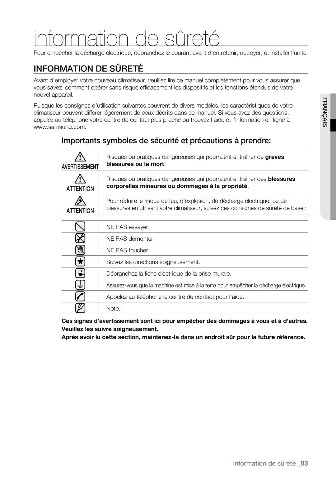 Samsung AQV12AWBN Information de sûreté, Information DE Sûreté, Importants symboles de sécurité et précautions à prendre 