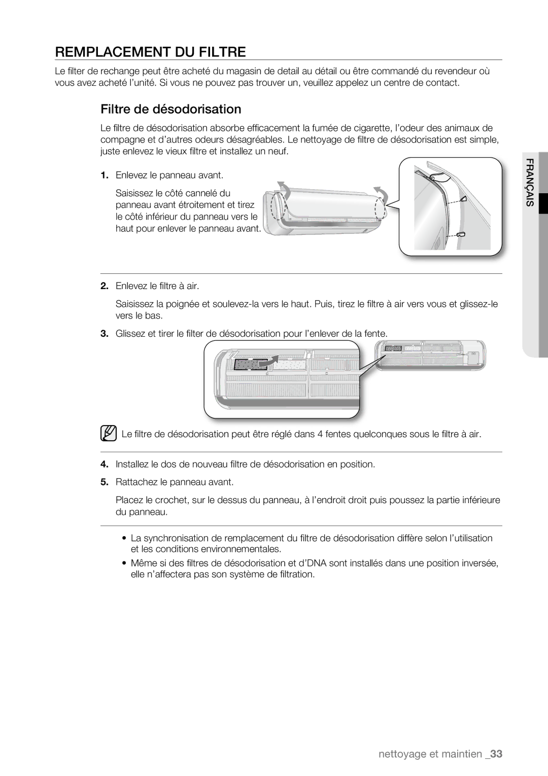 Samsung AQV09AWBN, AQV09ABAX, AQV09ABBX, AQV12AWBN, AQV12EWAN, AQV12ABBN manual Remplacement DU Filtre, Filtre de désodorisation 