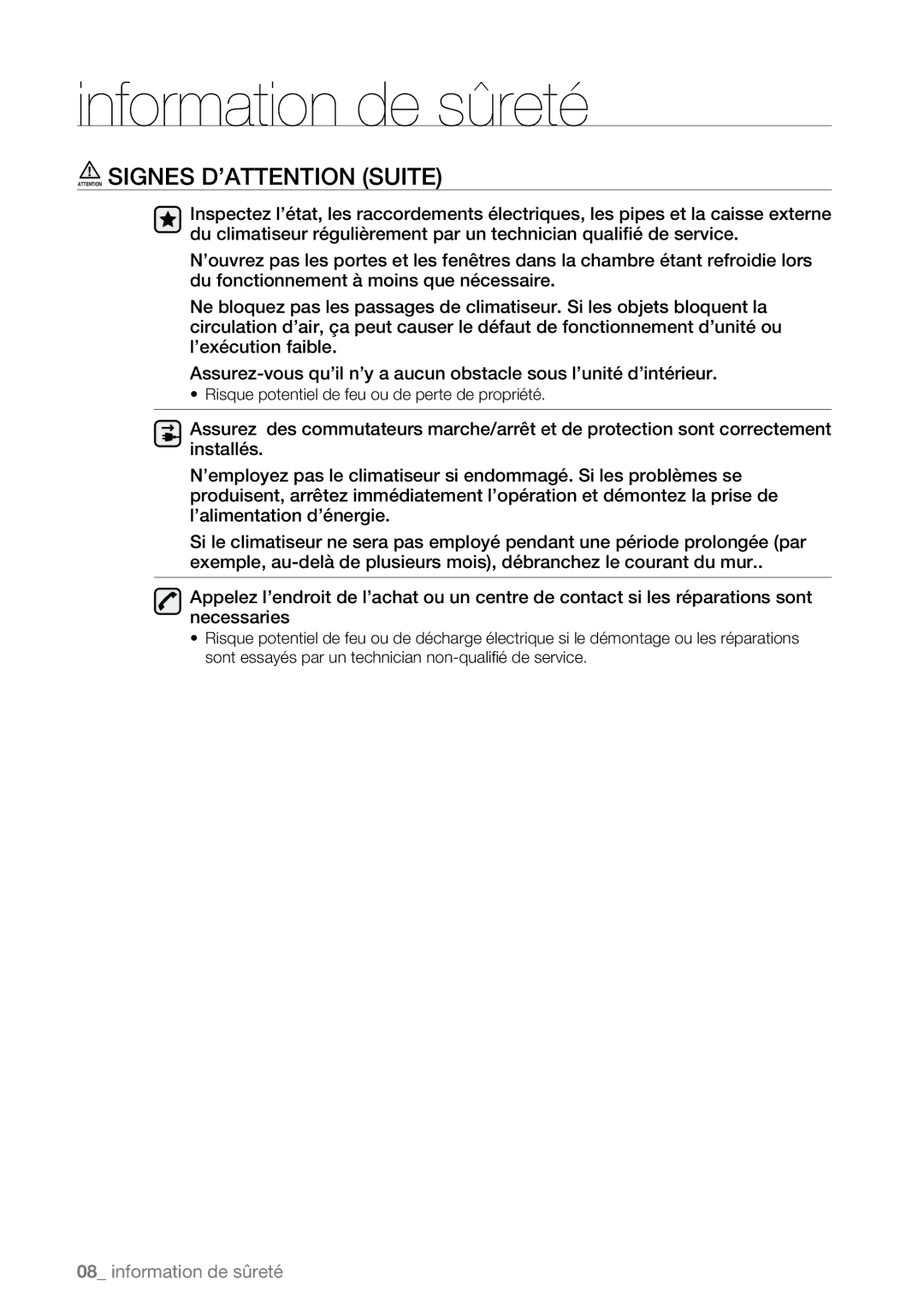 Samsung AQV12AWBX, AQV09AWBN, AQV09ABAX, AQV09ABBX, AQV12AWBN, AQV12EWAN manual Risque potentiel de feu ou de perte de propriété 