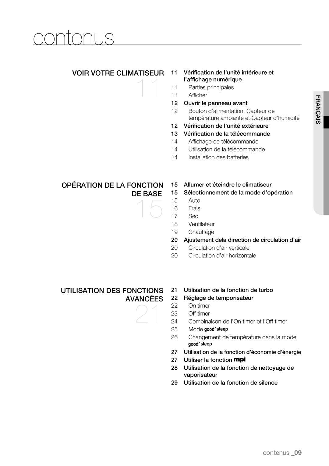 Samsung AQV09AWBX Contenus, Voir votre climatiseur, Opération de la fonction, De base, Utilisation des fonctions Avancées 