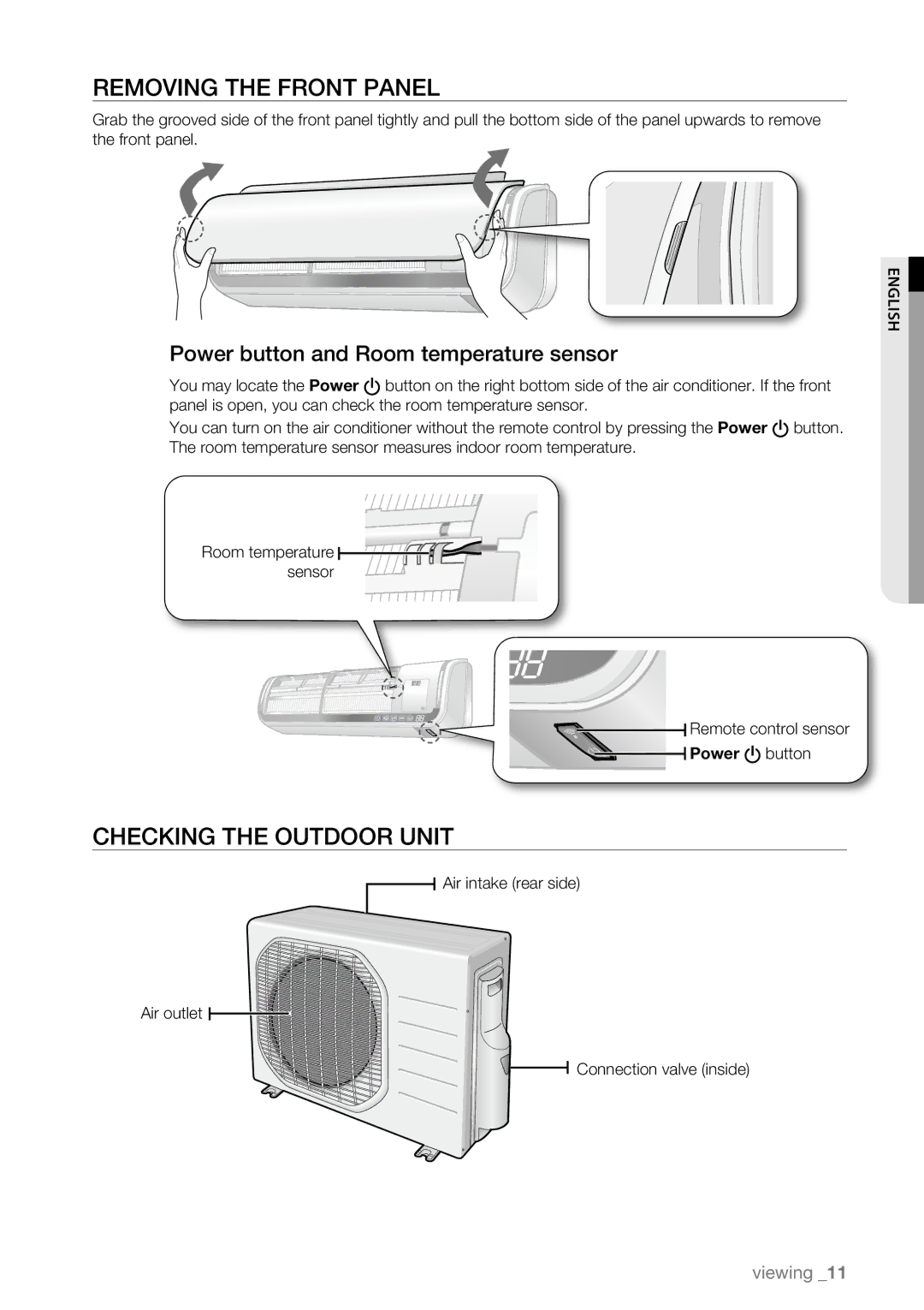 Samsung AQV12ASBN, AQV09AWBN, AQV09ABAX, AQV09ABBX manual Checking the Outdoor Unit, Power button and Room temperature sensor 