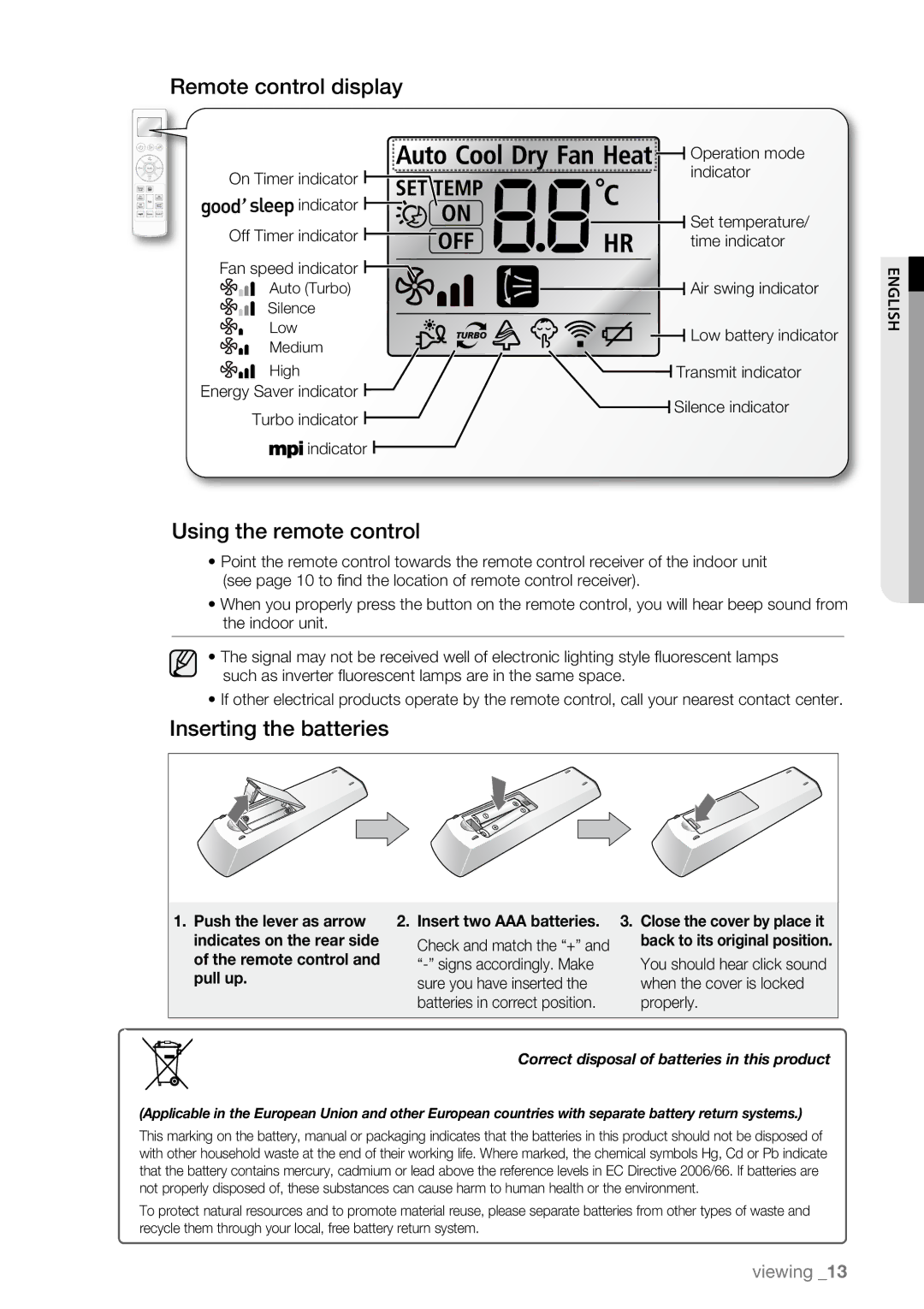 Samsung AQV09AWBN, AQV09ABAX, AQV09ABBX, AQV12AWBN Remote control display, Using the remote control, Inserting the batteries 