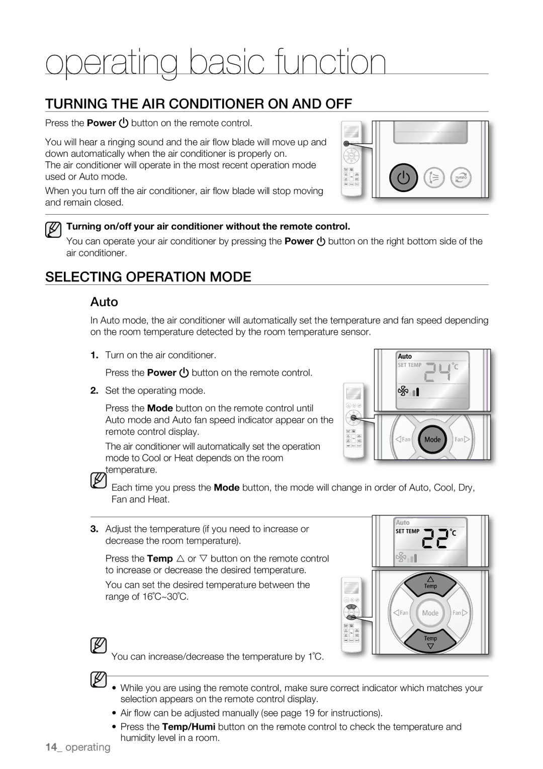 Samsung AQV09ABAX manual Operating basic function, Turning the AIR Conditioner on and OFF, Selecting Operation Mode, Auto 