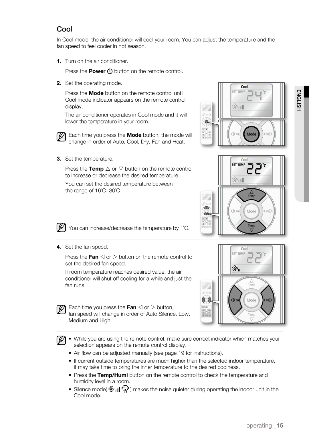 Samsung AQV09ABBX, AQV09AWBN, AQV09ABAX, AQV12AWBN, AQV12EWAN, AQV12ABBN, AQV18UGAN, AQV12ABBX manual Cool, Set the temperature 