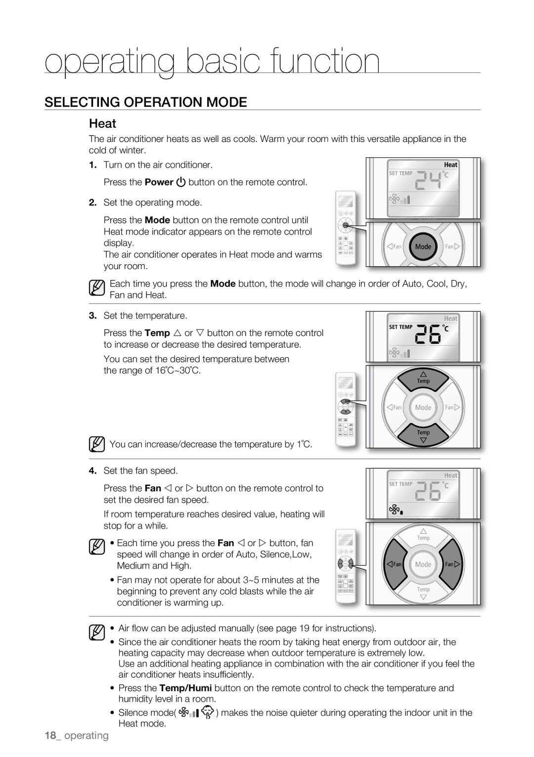 Samsung AQV12ABBN, AQV09AWBN, AQV09ABAX, AQV09ABBX, AQV12AWBN, AQV12EWAN, AQV18UGAN, AQV12ABBX, AQV12AWBX, AQV09AWBX manual Heat 