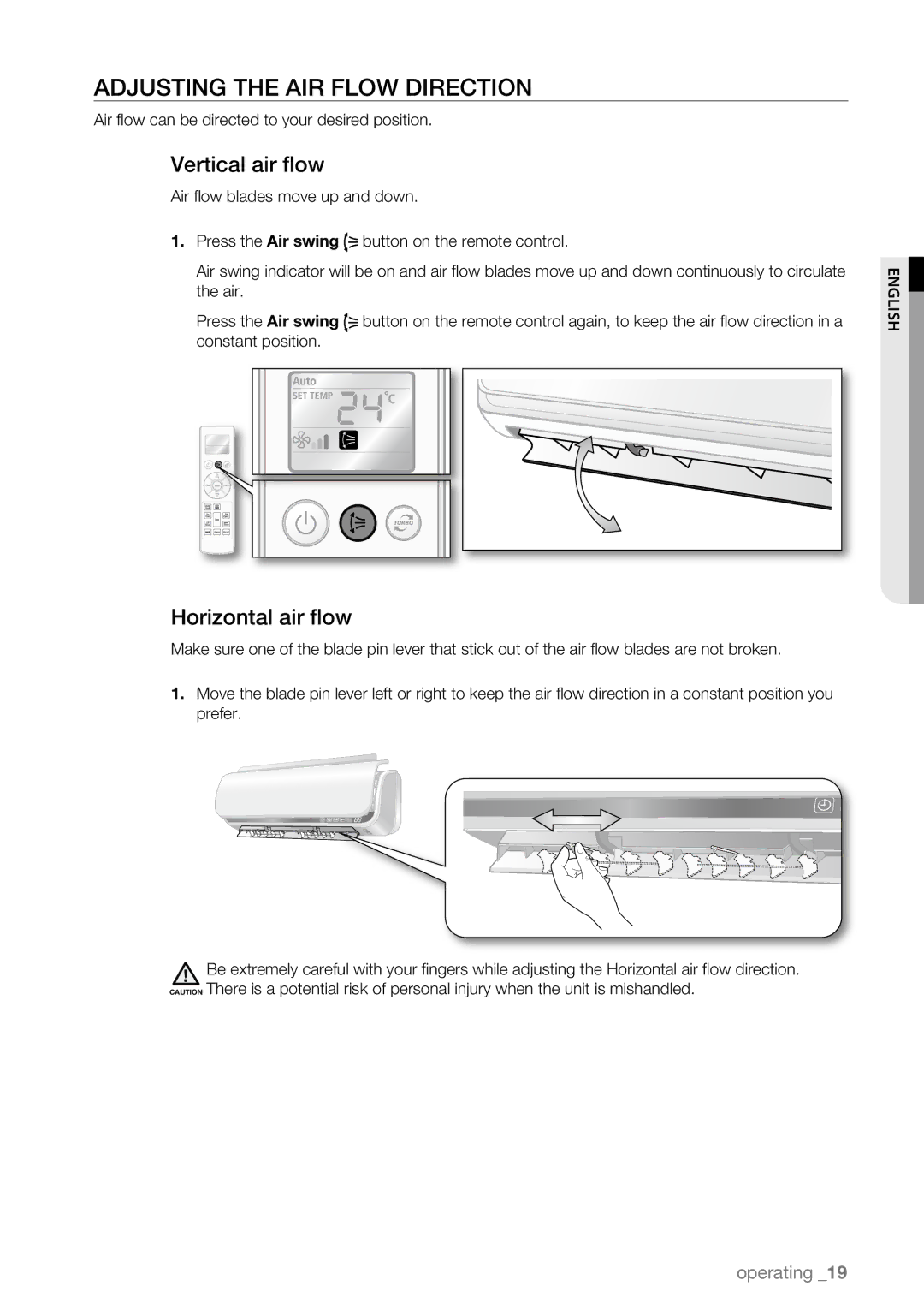 Samsung AQV18UGAN, AQV09AWBN, AQV09ABAX, AQV09ABBX Adjusting the AIR Flow Direction, Vertical air flow, Horizontal air flow 