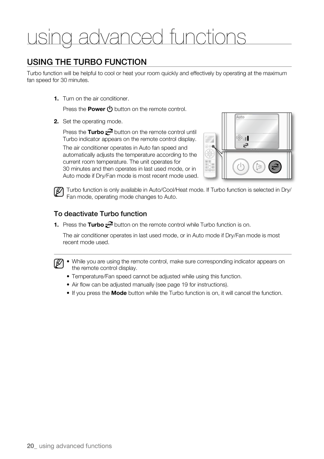 Samsung AQV12ABBX, AQV09AWBN, AQV09ABAX, AQV09ABBX, AQV12AWBN manual Using advanced functions, To deactivate Turbo function 