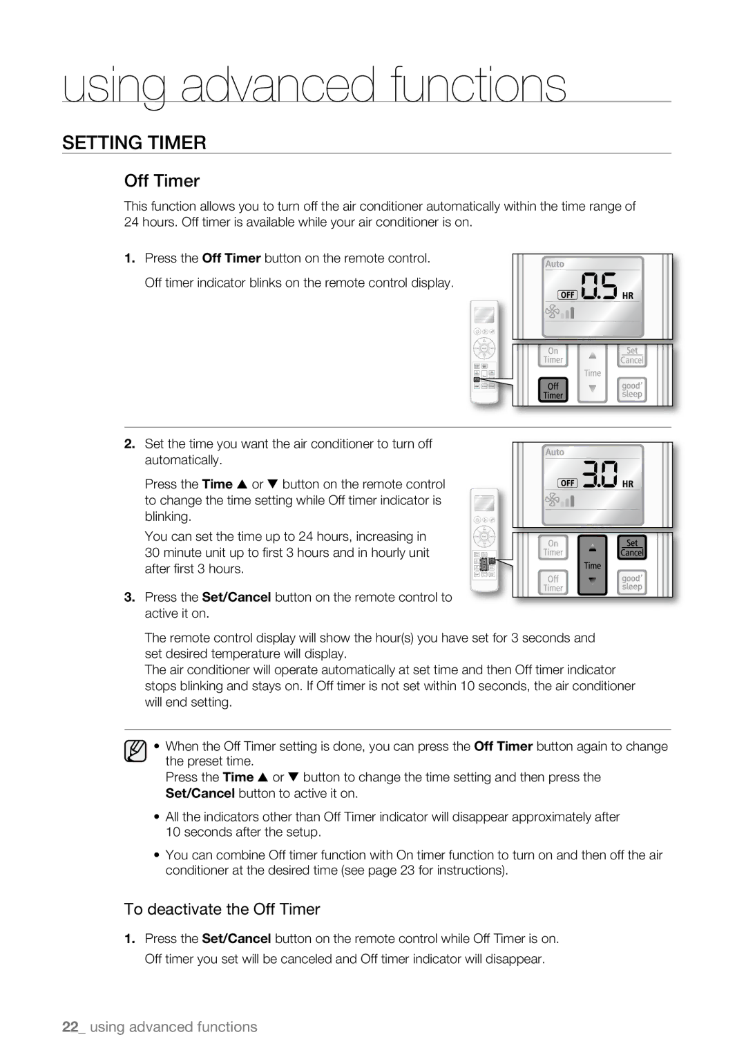 Samsung AQV09AWBX, AQV09AWBN, AQV09ABAX, AQV09ABBX, AQV12AWBN, AQV12EWAN, AQV12ABBN, AQV18UGAN To deactivate the Off Timer 