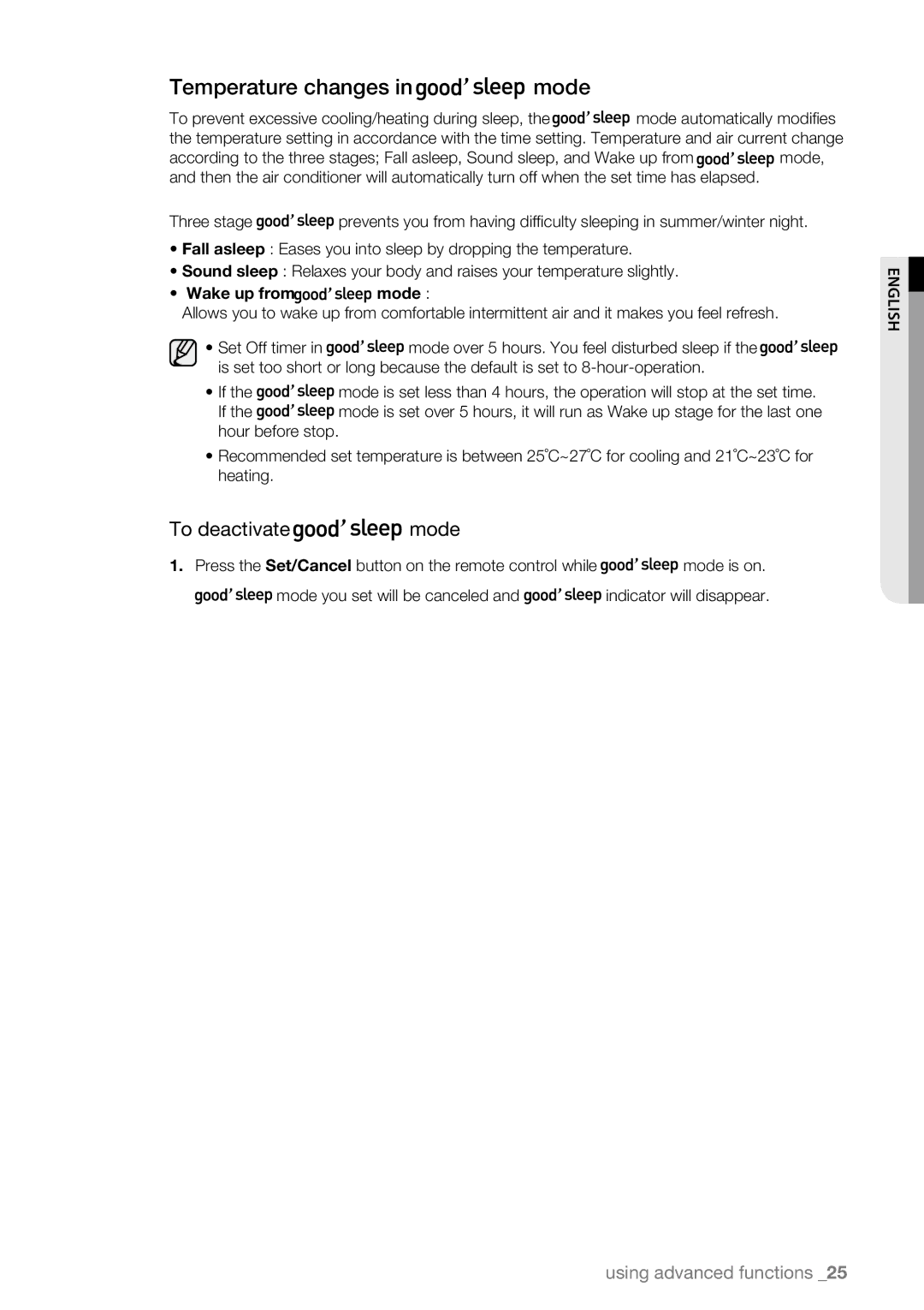 Samsung AQV12ASBX, AQV09AWBN, AQV09ABAX, AQV09ABBX manual Temperature changes in mode, To deactivate mode, Wake up from mode 