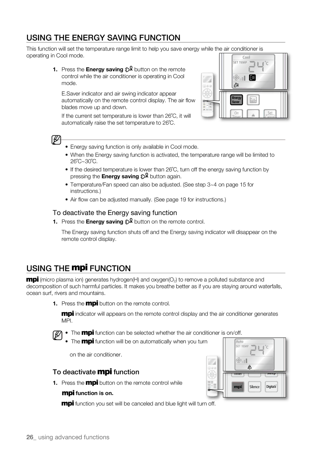 Samsung AQV09AWBN Using the Function, To deactivate the Energy saving function, To deactivate function, Function is on 