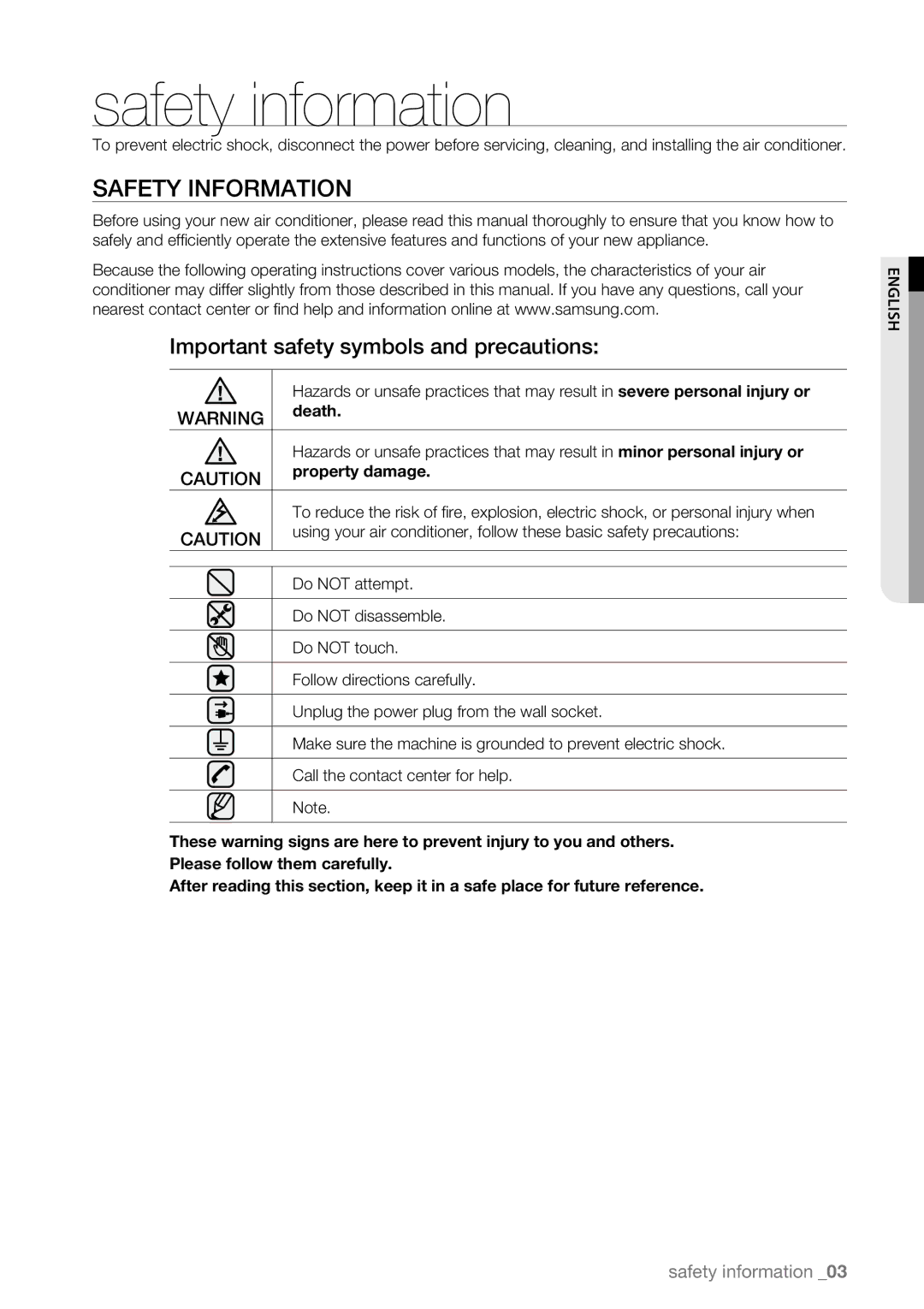 Samsung AQV12AWBN Safety information, Safety Information, Important safety symbols and precautions, Death, Property damage 