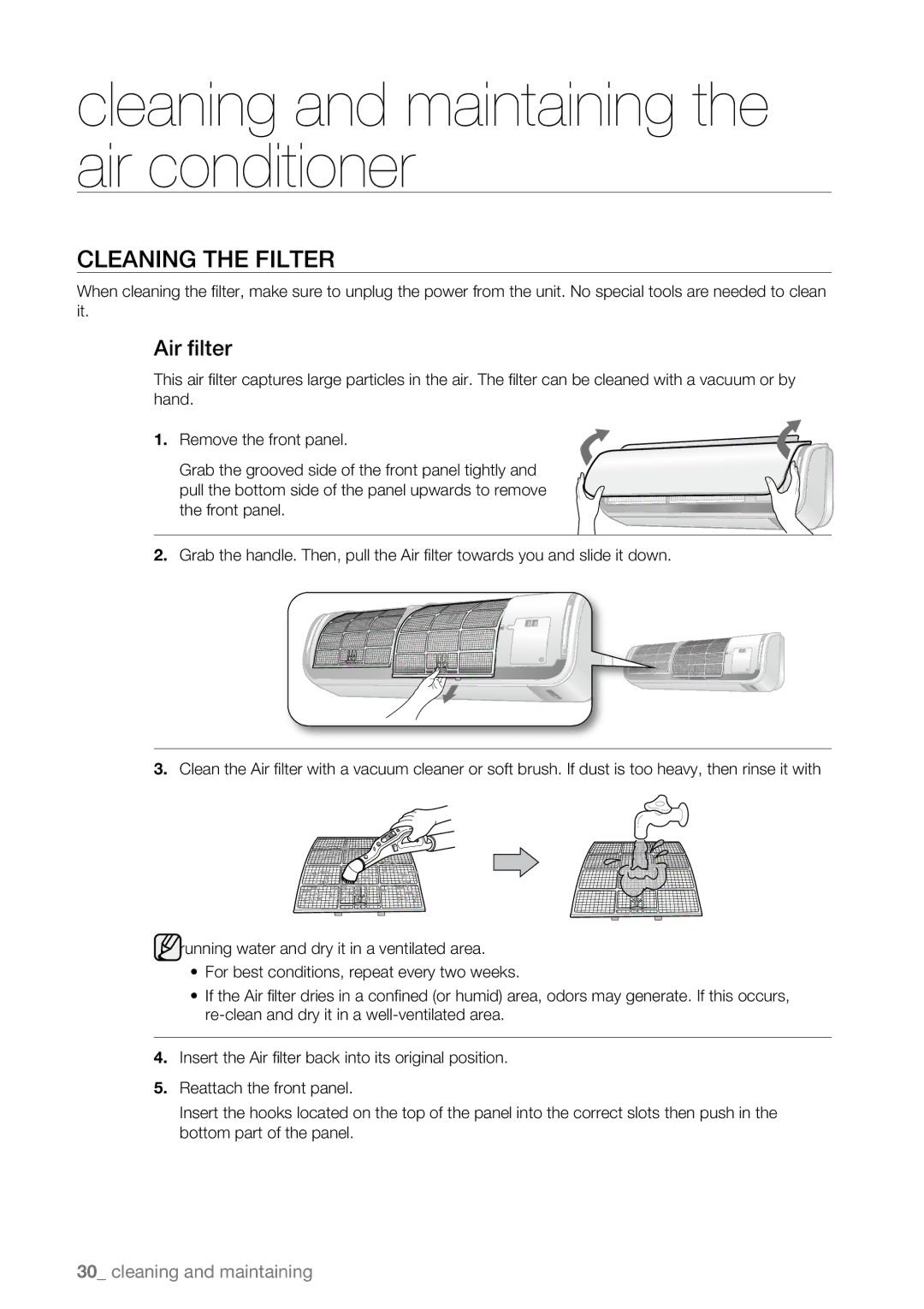 Samsung AQV12EWAN, AQV09AWBN, AQV09ABAX, AQV09ABBX, AQV12AWBN, AQV12ABBN, AQV18UGAN, AQV12ABBX Cleaning the Filter, Air filter 